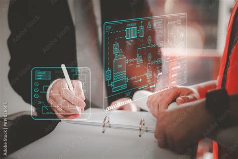 Engineers using VR technology reading holographic screens showing ...