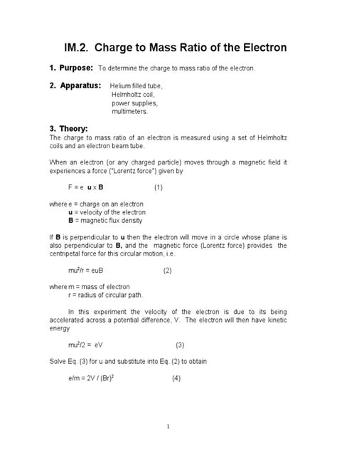 Im 2 Charge To Mass Ratio Of The Electron 1 Purpose 2 Apparatus Pdf Electron Vacuum Tube