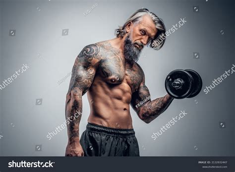 Naked Old Man Lifting Dumbell Against Stock Photo 2132932447 Shutterstock
