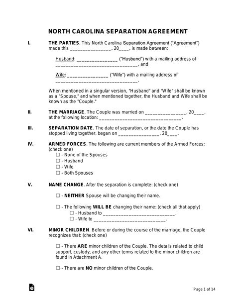 Free North Carolina Separation Agreement Template PDF Word EForms