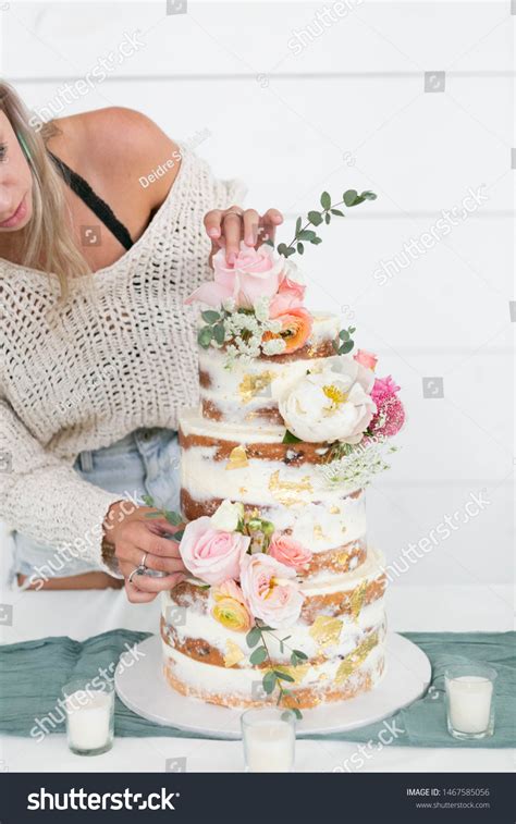 Woman Decorating Naked Wedding Cake Flowers Stock Photo Shutterstock