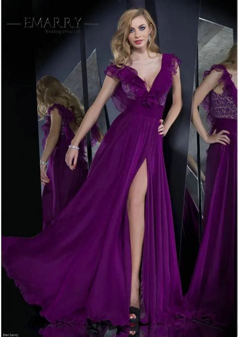 SZ033 Special Purple A Line High Leg Slit Evening Dresses 2016 Sexy V