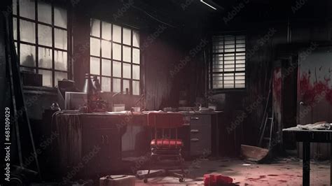 Dark And Bloody Room With Broken And Messy Objects After A Murder