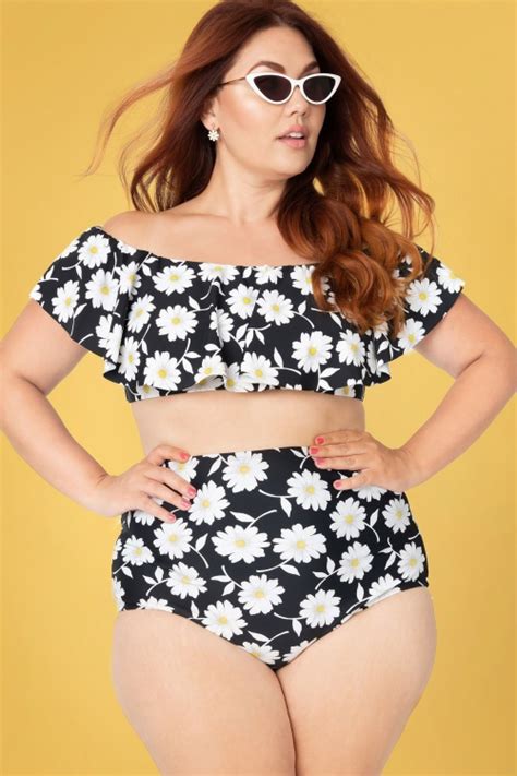 Unique Vintage Louise High Waist Floral Bikini Bottoms Années en Noir et Blanc Acheter chez
