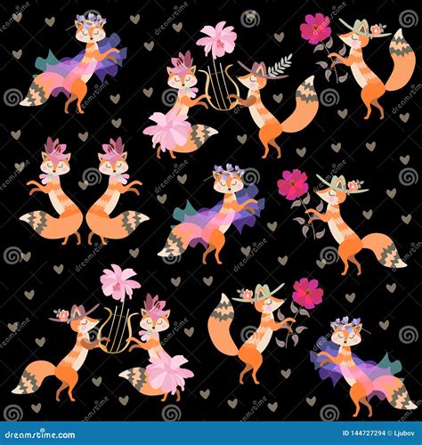 Cute Cartoon Dancing Foxes Isolated On Black Background In Vector