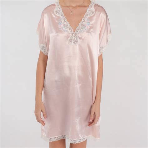 Pink Satin Nightgown S Lingerie Mini Dress Lace Trim Floral Etsy