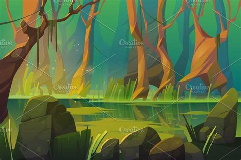 Vector landscape with swamp in | Night forest, Landscape, Landscape trees