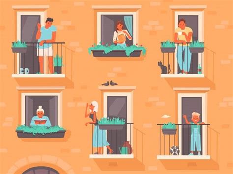 Premium Vector Neighborhood Concept People Stand On Balconies Or