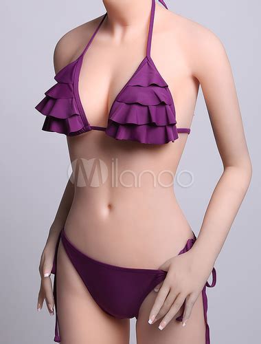 2 Pieces Swimsuit Plum Halter Strappy Tie Backless Ruffles Low Rise