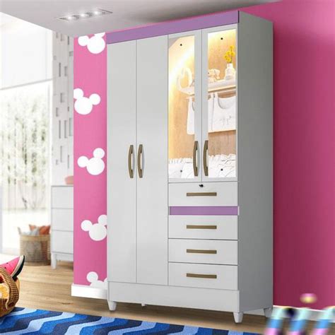 Guarda Roupa Infantil Menina Com Espelho - Guarda Roupa Pequeno Com Espelho 4 Portas Infantil Branco Lilás Flex ...