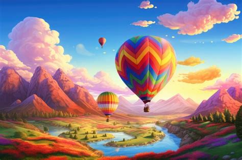Premium Ai Image Colorful Hot Air Balloon Flying In The Blue Sky D Rendering Colorful Hot Air