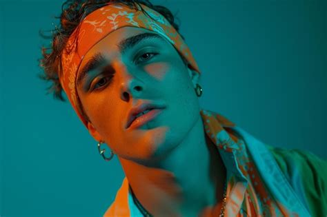 Handsome Fashion Model in Neon Orange Bandana with Neon Teal Lifestyle