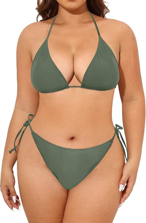 Amazon Tempt Me Women Plus Size Triangle Bikini String Two Piece Halter Tie Side Swimsuit