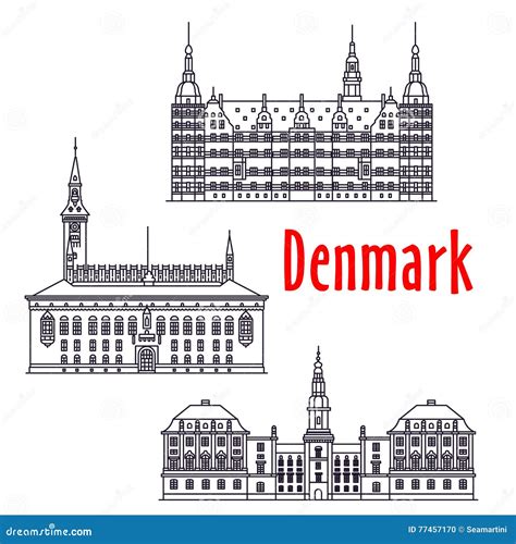 Symbolic Travel Sights of Denmark Thin Line Icon Stock Vector