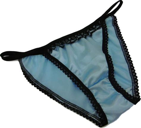 Fran Ois De Loire Shiny Satin And Lace Mini Tanga String Bikini Panties Pale Blue With Black