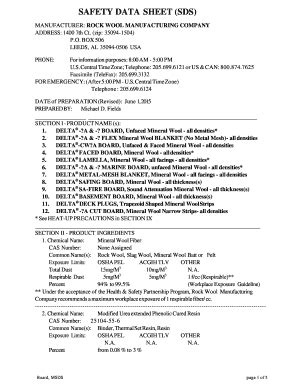 Fillable Online Safety Data Sheet Sds Rock Wool Manufacturing