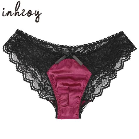 Men Satin Underwear Sexy Sissy Panties Gay Men Shiny Soft Lace Lingerie Low Rise Stretchy Bikini