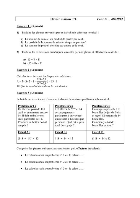 Devoir Maison De Math 5Eme Reponse Ventana Blog