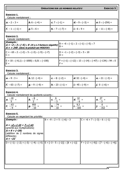 Exercices Sur Les Nombres Relatifs