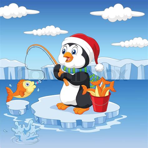 Cartoon Penguin Fishing On The Ice Stock Vector Colourbox