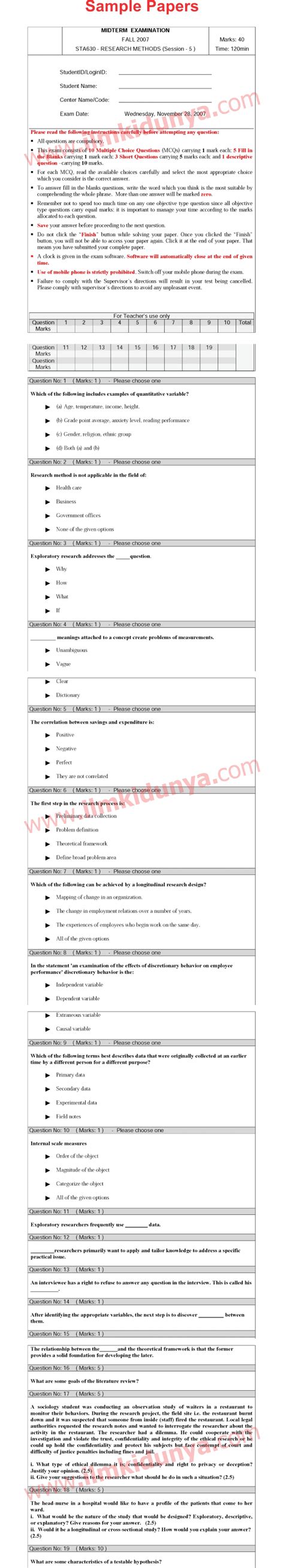 STA630 Research Methods MPhil Education VU University Past Papers 2007