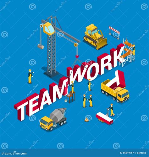 Teamwork Construction Building Word Flat 3d Isometric Vector Stock