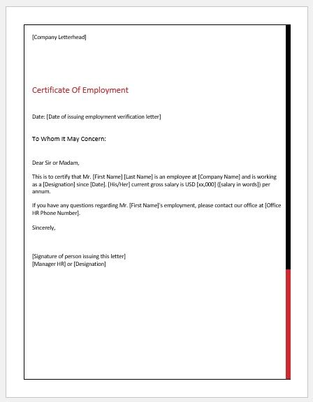 employment certificate format letter