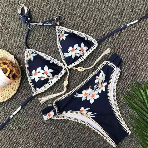 Swim Sexy Boho Navy Blue Floral Triangle Bikini With Shells Poshmark