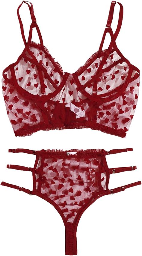 WDIRARA Women S Mesh Heart Print Lingerie Set Sexy Straps Bra And Panty Set Amazon Au Fashion