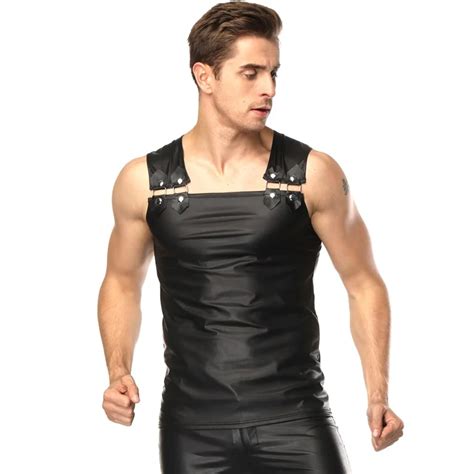Sexy Men Black Faux Leather Lingerie Top Erotic Gay Performance Ds Sexy Mens Nightclub Latex