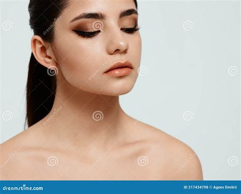 Nude Woman With Makeup On Face Dark Hair Model Stock Photo Image Of