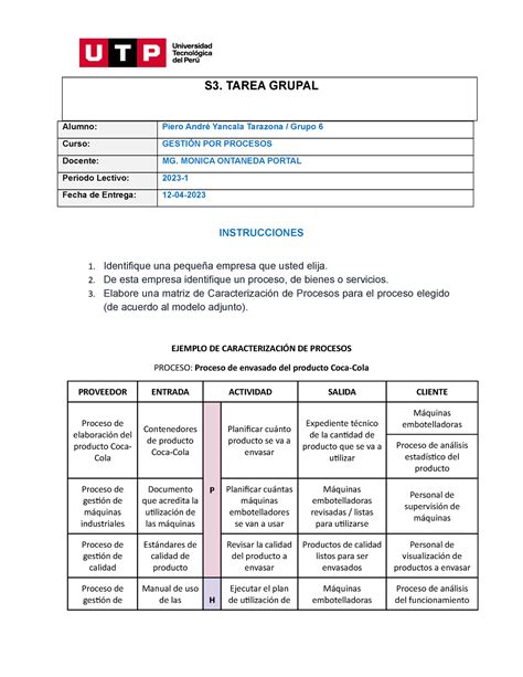 G S Matriz De Caracterizacion De Procesos S Tarea Grupal Alumno