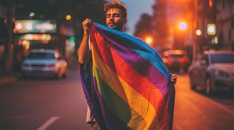 Premium Ai Image A Person Posing With Lgbt Flag Covering His Body On Street Rainbow Gay Flag