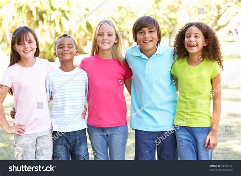portrait group children playing park stock photo  shutterstock