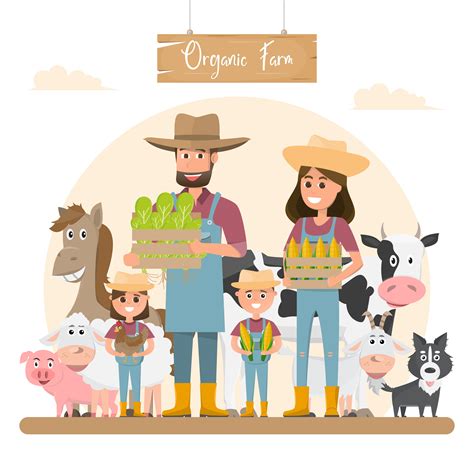 farmer family cartoon character with animals in organic rural farm