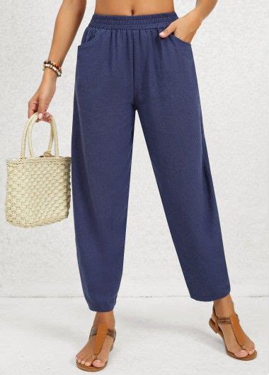 Navy Pocket Regular Elastic Waist Mid Waisted Pants Usd 29 98 Bottom Clothes