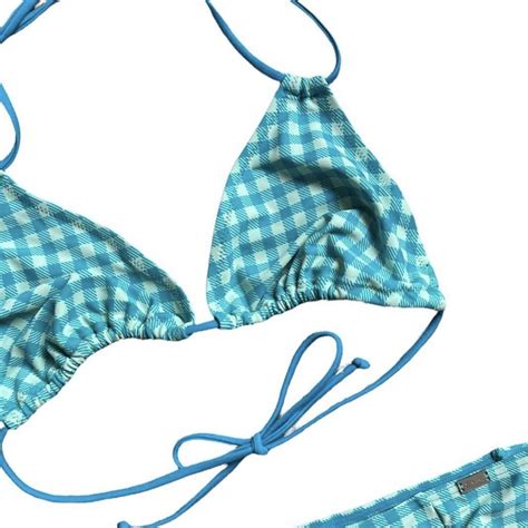 Blue And White Gingham Bikini Set Halter Neck Depop
