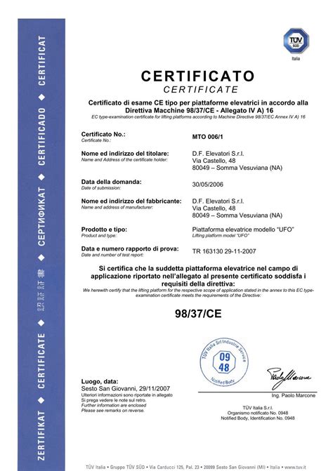 Certificato Di Esame Ce Tipo Per Piattaforme Elevatrici Df Elevatori