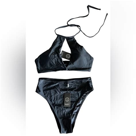 Relleciga Swim Relleciga Black Bikini Keyhole Cutout Halter High Cut High Waist Bottom Nwt
