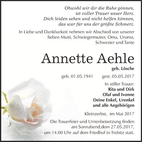 Traueranzeigen Von Annette Aehle Abschied Nehmen De