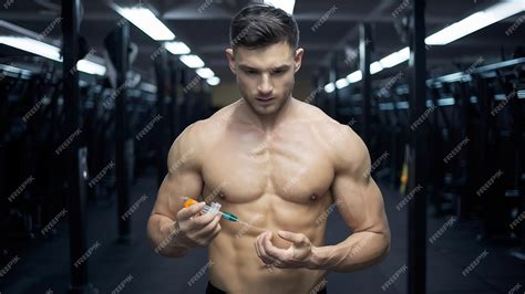 Premium Photo Close Up Of Shirtless Sportsman Holding Injection Of