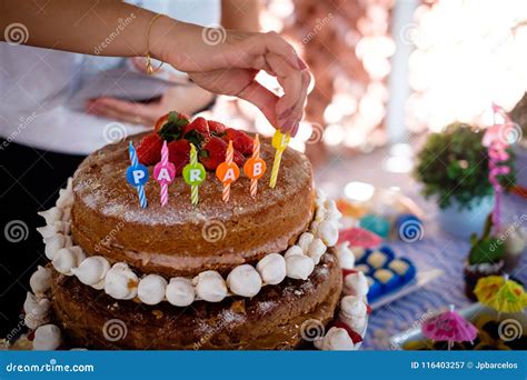 Detail Of Strawberry And Meringue Naked Cake Seen From Above Stories High Stock Image