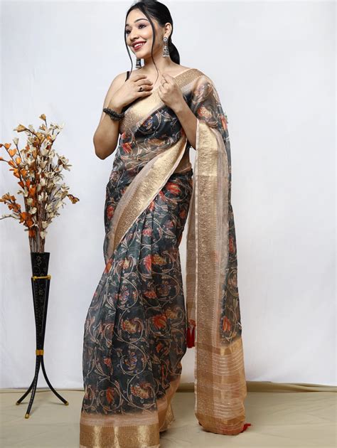 Women S Pure Organza Kalamkari Printed Saree Dvz Dvanza