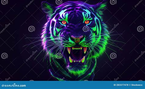 Neon Tiger Head Wallpaper In Darkcore Style Stock Illustration