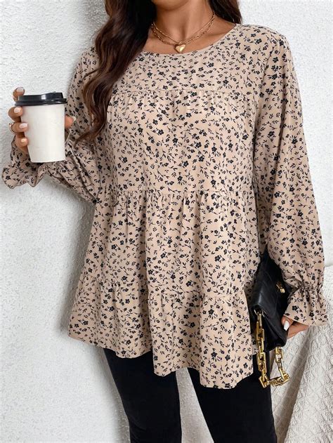 Plus Size Floral Print Ruffled Hem Shirt Shein Eur