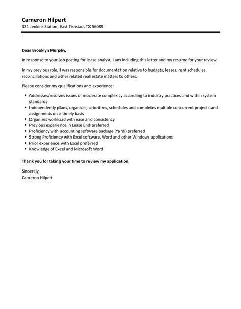 Lease Analyst Cover Letter Velvet Jobs