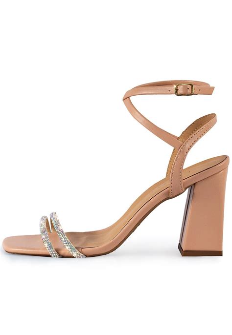 Sandália Feminina Salto Bloco Alto Grosso Lumiss Tiras Strass Brilho Confortável Nude Compre