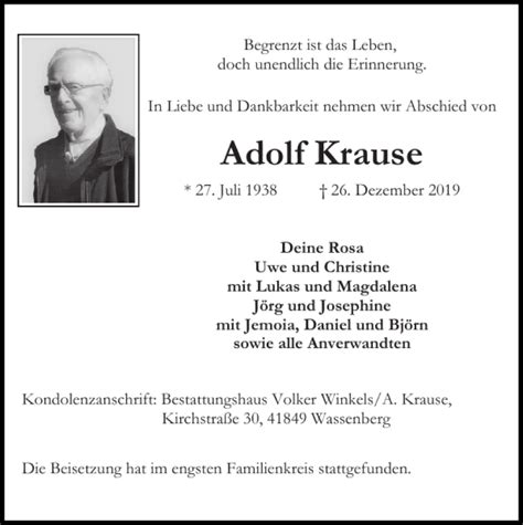 Traueranzeigen Von Adolf Krause Aachen Gedenkt