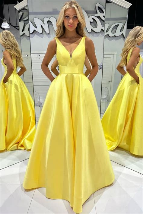 A Line V Neck Yellow Satin Long Prom Dress With Pocket V Neck Yellow