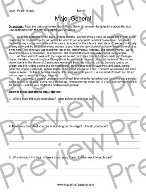 Major General Reading Comprehension Worksheet Preview Pdf